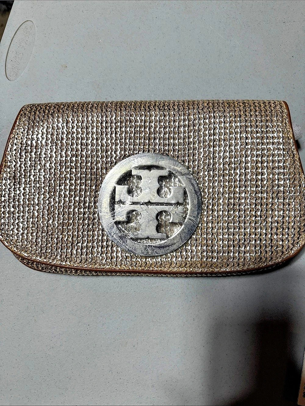Tory Burch Straw Logo Clutch Brown & Gold